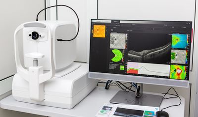 Ophthalmic imaging device with eye scan results displayed on a monitor.