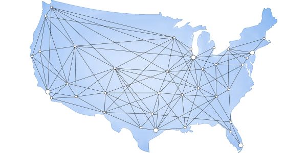 Map of interconnected cities across the United States.