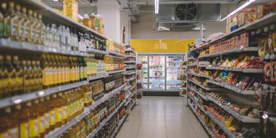 Indian Snacks arranged for easy finding at every aisle. 