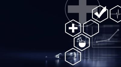 Medical icons and data visualization on a dark background.
