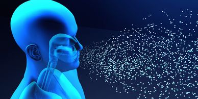 3D illustration of a person coughing with visible respiratory system and droplets.