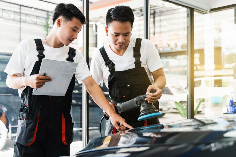 Professional car polishing rubs orbital polisher to polishing on the black car hood by checker pointed, remove scratch and restore a real shiny car paint. Automotive cleaning and coating service.