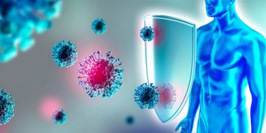 Human silhouette with shield blocking viruses.