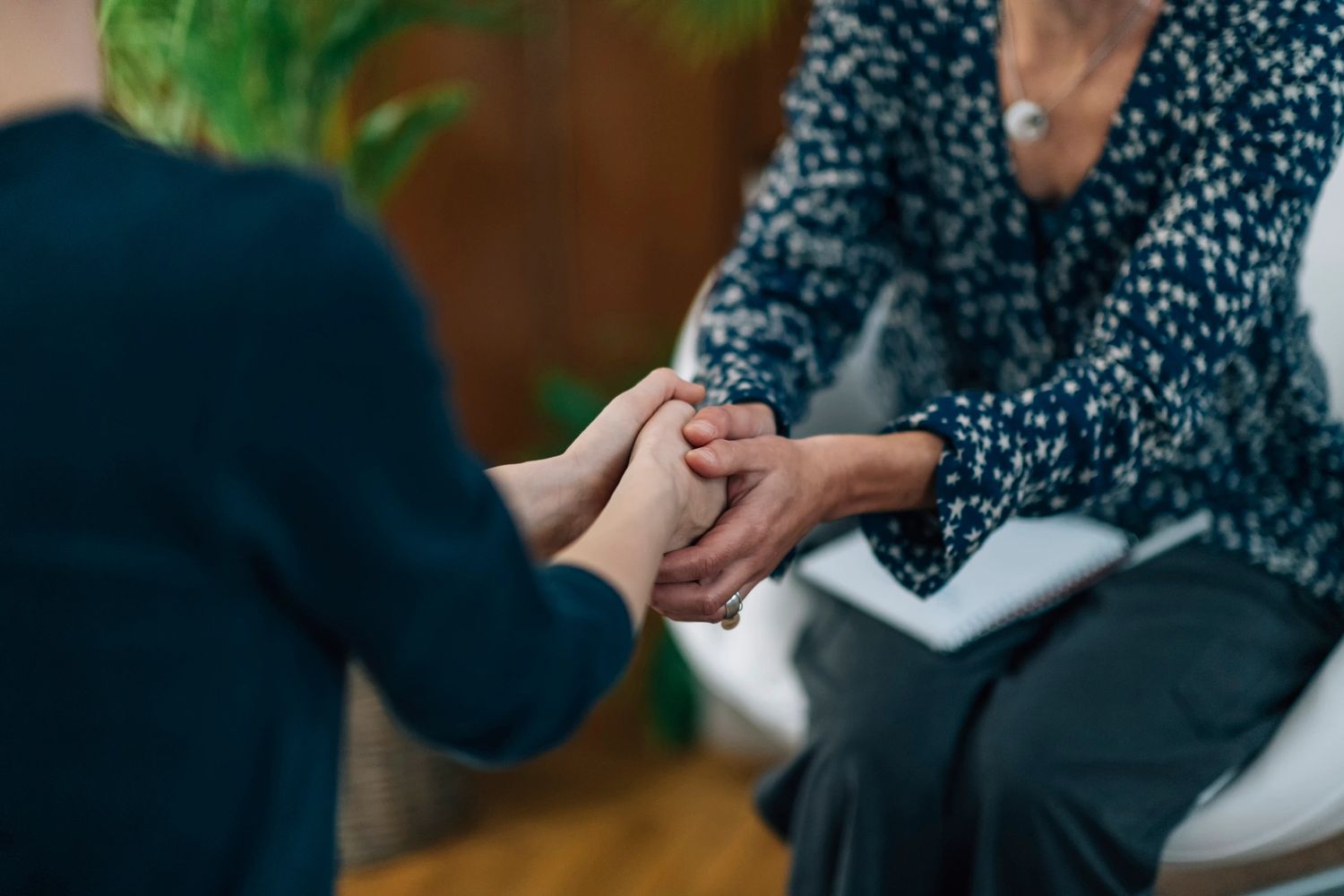 Two people holding hands in a comforting gesture during a conversation.