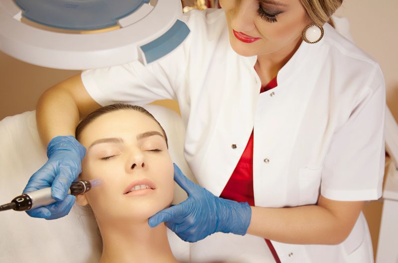Dermatologist doctor applying derma pen to the patient's face in her clinic.