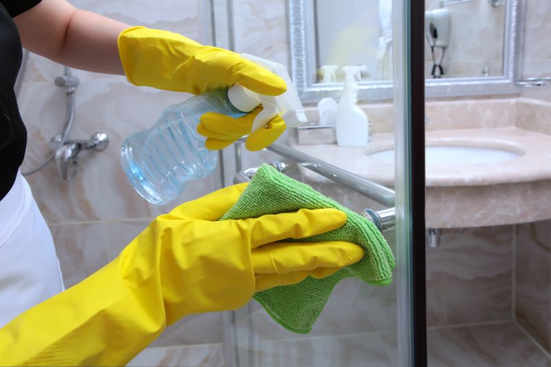 Hands in rubber gloves clean the door handle in the shower stall. An unrecognizable photo. The concept of cleanliness and hygiene. Copy space.