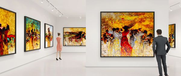 People viewing vibrant paintings in an art gallery.