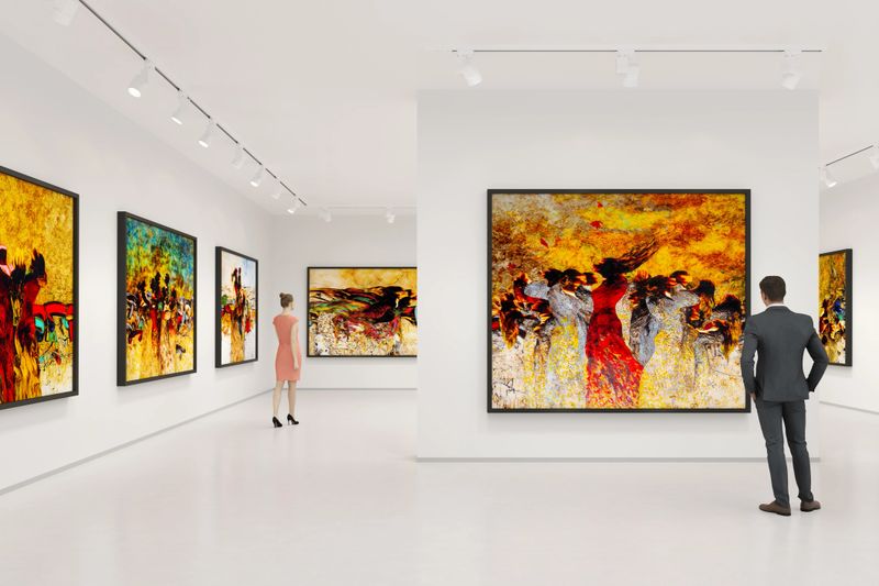Young couple visits art exhibition and looking at the fine art paintings in a art gallery.