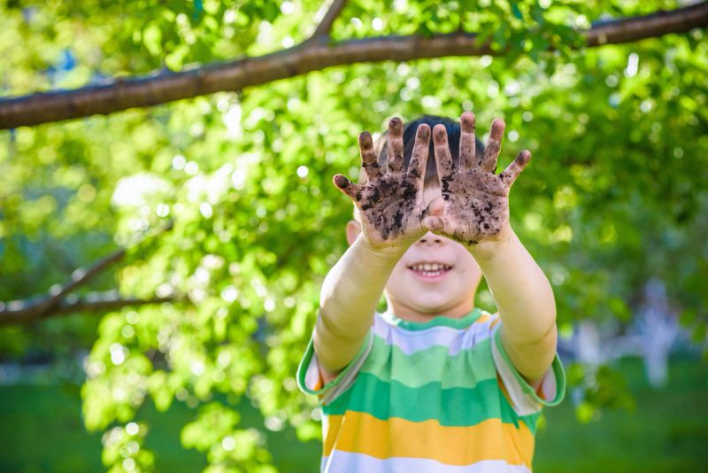 A young Caucasian boy showing off his dirty hands after playing in dirt and sand outdoors sunny spring or summer evening on blossom trees background. happy childhood friendship concept.