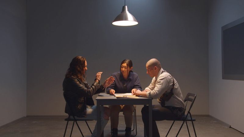 A man and a female policeman ask a criminal to cooperate