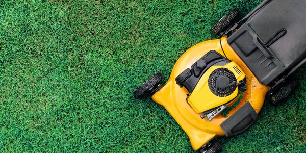 A yellow lawn mower on freshly cut green grass.