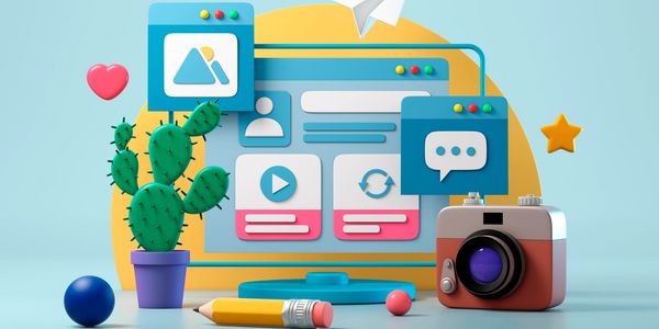 3D illustration of digital content creation with social media icons and tools.