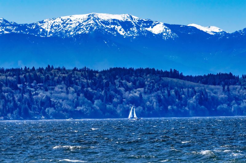 Sailboat Olympic Snow Mountains Bracketts Landing South Beach Park Edmonds Washington.
