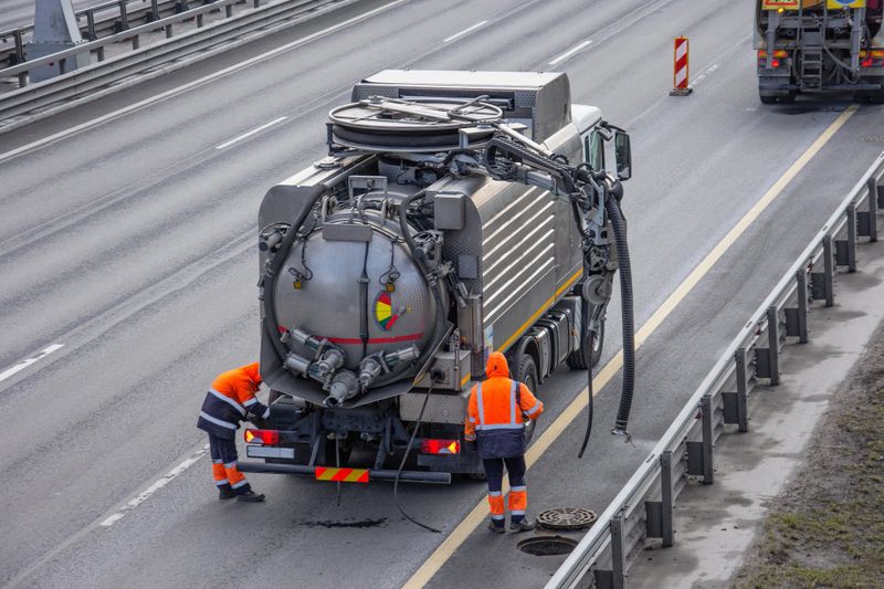Sludge washer truck suction machine and workers specialists at work on the side of the highway to clean underground infrastructure, eliminate blockages in the sewer road sewage into the collector