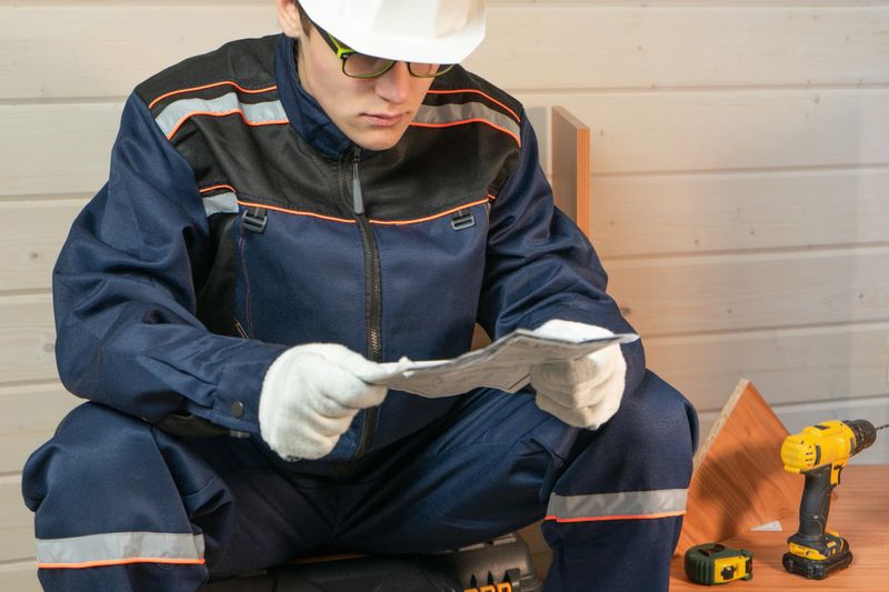 The professional collector of furniture reading the instructions to assemble furniture. Assembly of furniture