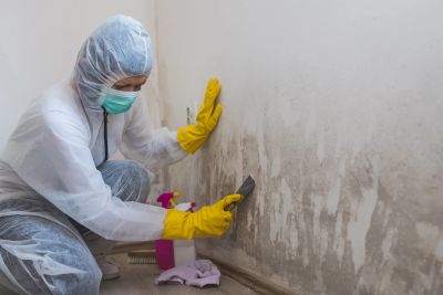 Person cleaning mold from wall in protective gear.
