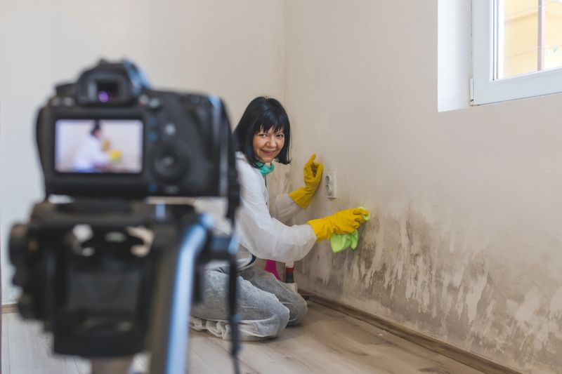 Video camera filming how woman cleaning mildew from wall in her house using spray bottle with mold removal products .