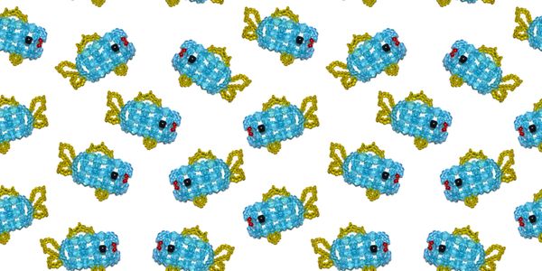 Pattern of blue beaded fish with yellow fins on white background.