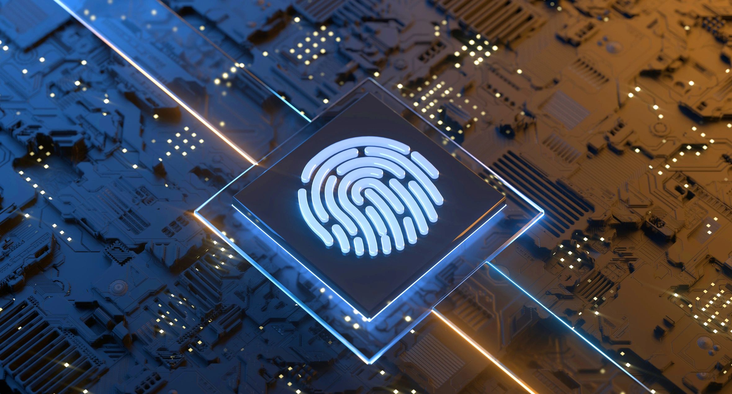 Glowing fingerprint on microchip circuit board.