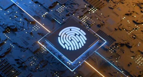 Glowing fingerprint icon on a futuristic circuit board.