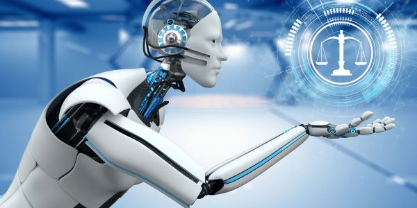 Futuristic robot holding a digital scale of justice symbol.