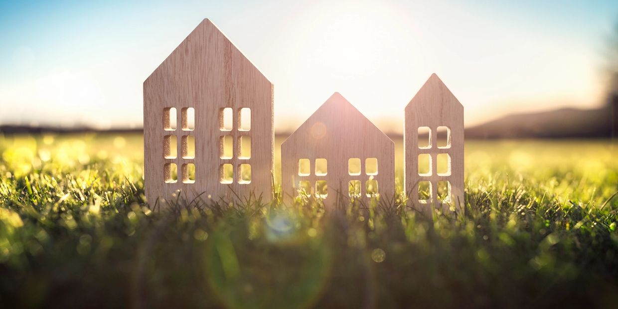 Wooden house models on grass with sunlight in background.