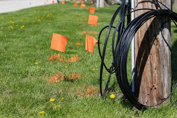 Orange flags mark fiber optics cable underground on green grass near a wooden pole.