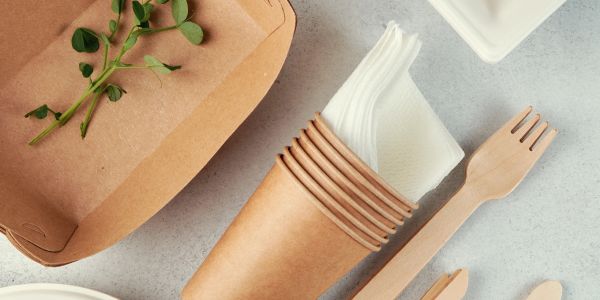 Eco-friendly disposable tableware with napkins and green sprigs on a light surface.