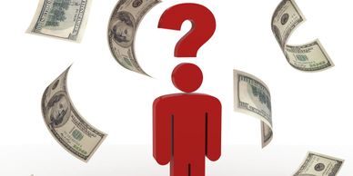 Red figure with a question mark head surrounded by flying hundred-dollar bills.