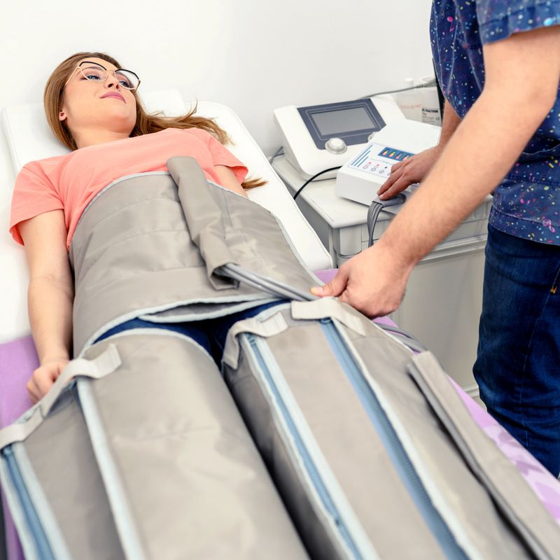 Woman lying on beauty couch during lymphatic massage session in clinic