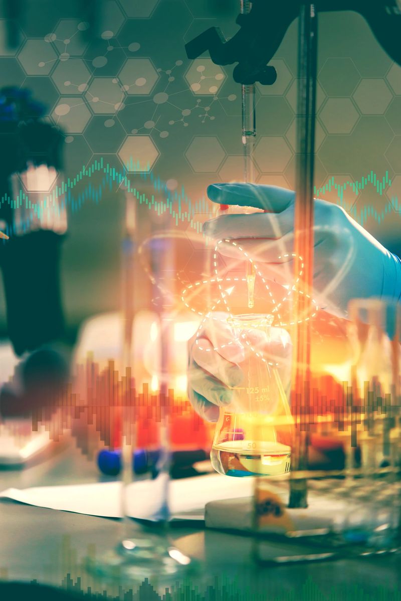 Double exposure of scientist or chemist is demonstrate the titration technique and medical lab instrument, test tube and glass flask for microbiology and chemistry in laboratory for medicine study. Research and development concept.