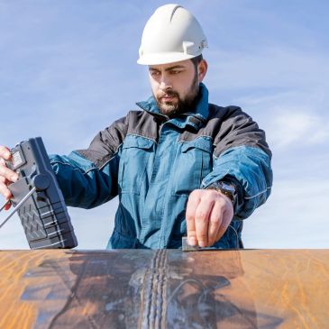A construction worker inspecting a large welded pipe outdoors.