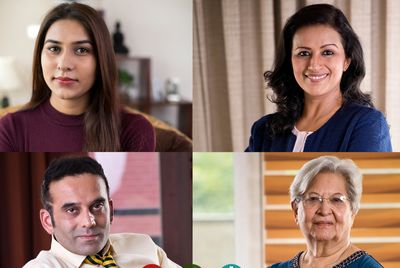 Four diverse individuals in a virtual video call grid with call icons.