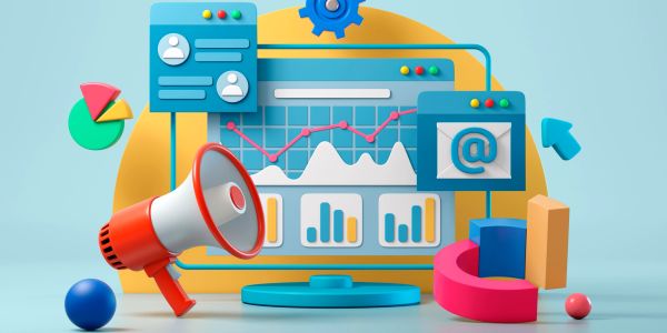 3D illustration of digital marketing analytics with graphs and megaphone.