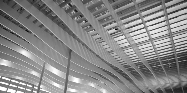 Modern architectural ceiling with curved beams and grid structure.