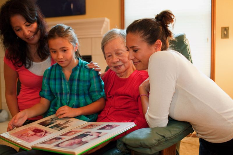 Three generation family looking at photo album