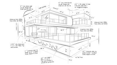 3D architectural drawing of a modern building with measurements and construction notes.
