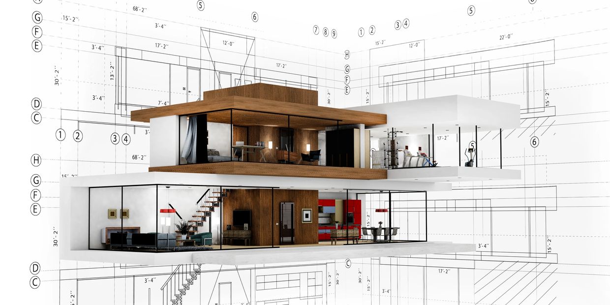 Modern two-story house design with transparent walls and wooden accents.