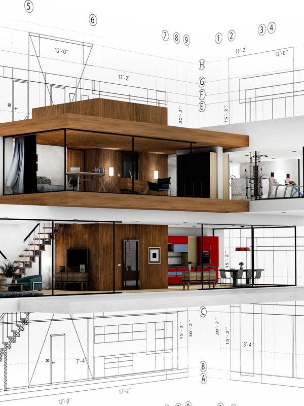 Modern two-story house with wood and glass design.