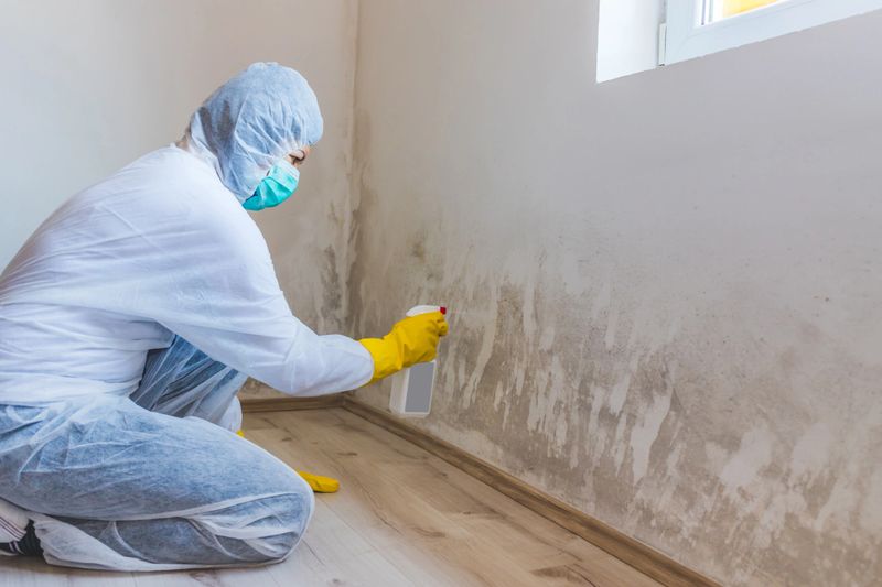 Female worker of cleaning service removes mold from wall using spray bottle with mold remediation chemicals, mold removal products