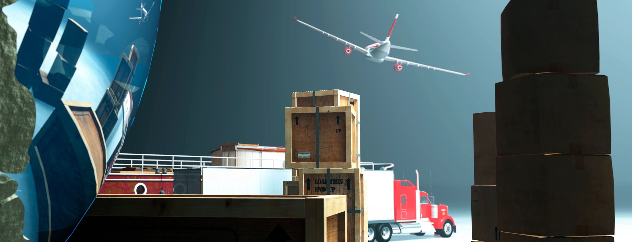 3d illustration, boxes in a warehouse and vehicles dedicated to transport