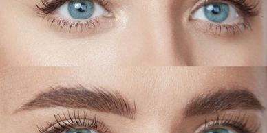 Close-up comparison of eyes and eyebrows before and after grooming.