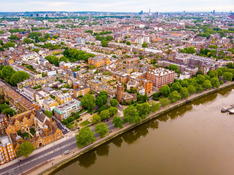 Aerial view of Chelsea old church and central London, UK