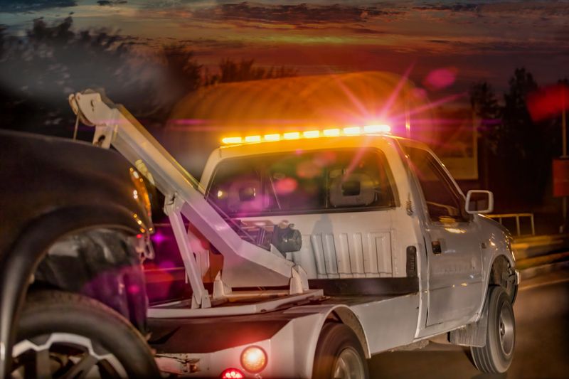 Towing truck on the move at  night with the lights and siren on