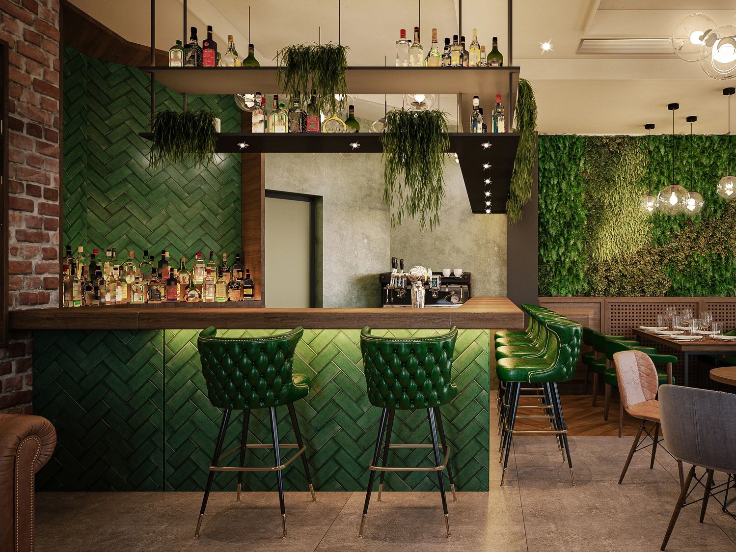 Restaurant bar with green upholstered stools, green tile, and hanging plants.