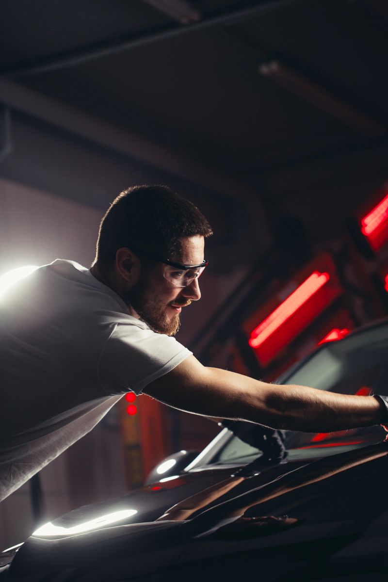 A man cleaning car with microfiber cloth, car detailing or valeting concept. Selective focus.