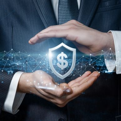 Businessman protecting financial security symbol.