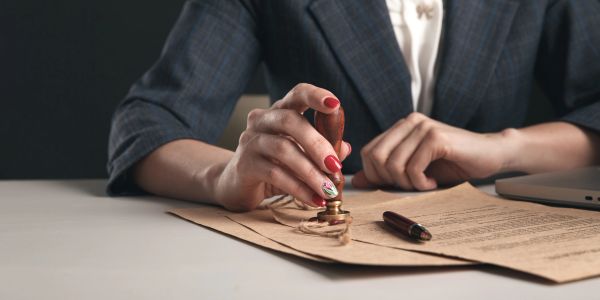 Person stamping documents on a table.