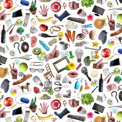 Collage of diverse everyday objects and symbols.