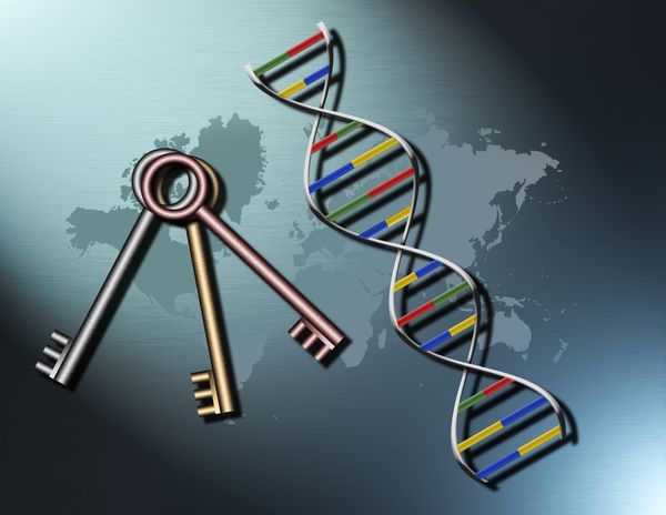 Two keys next to a DNA double helix with a world map background.